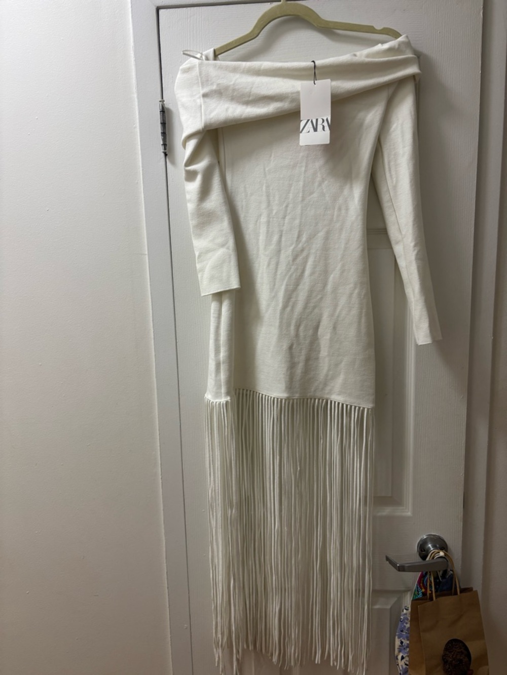 Zara Off-Shoulder Fringe Knit Dress in Ivory/White